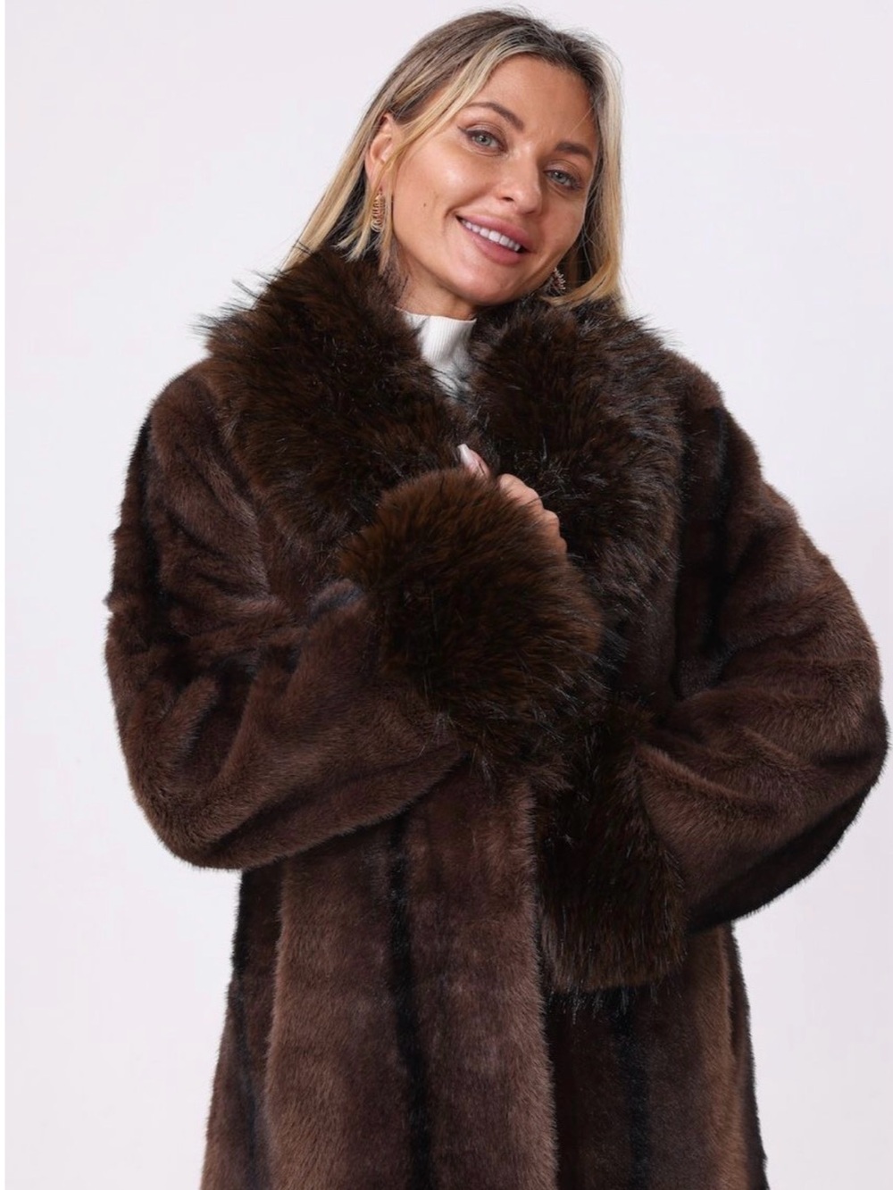 Plush Brown Faux Fur Shawl-Collar Pea Coat